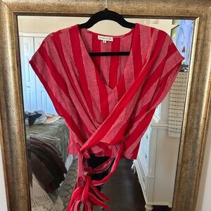 Moon River Red and Pink Striped Wrap Blouse